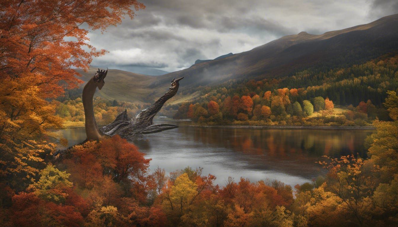 The Loch Ness Monster makes a magnificent appearance in Scotland against a beautiful autumn landscape