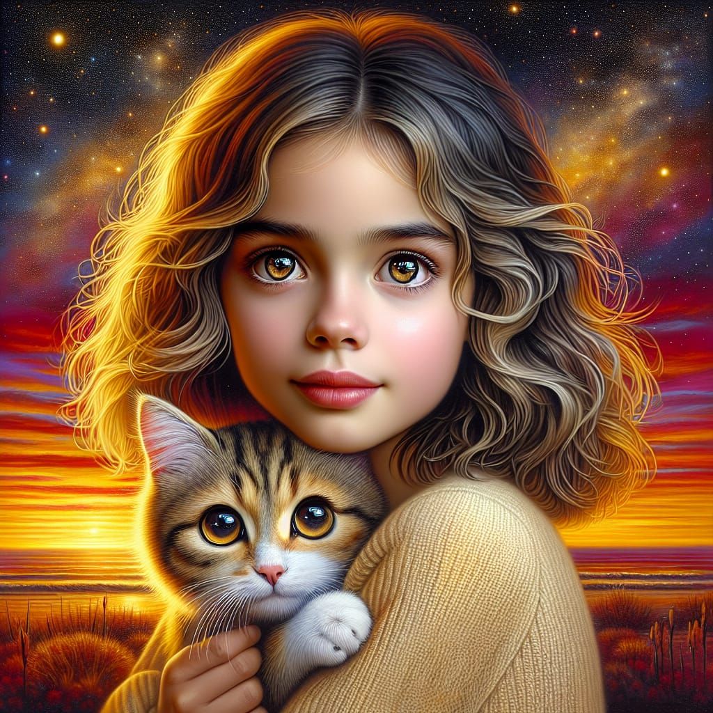 Girl Hugging Cat at Sunset: Magic Realism Portrait
