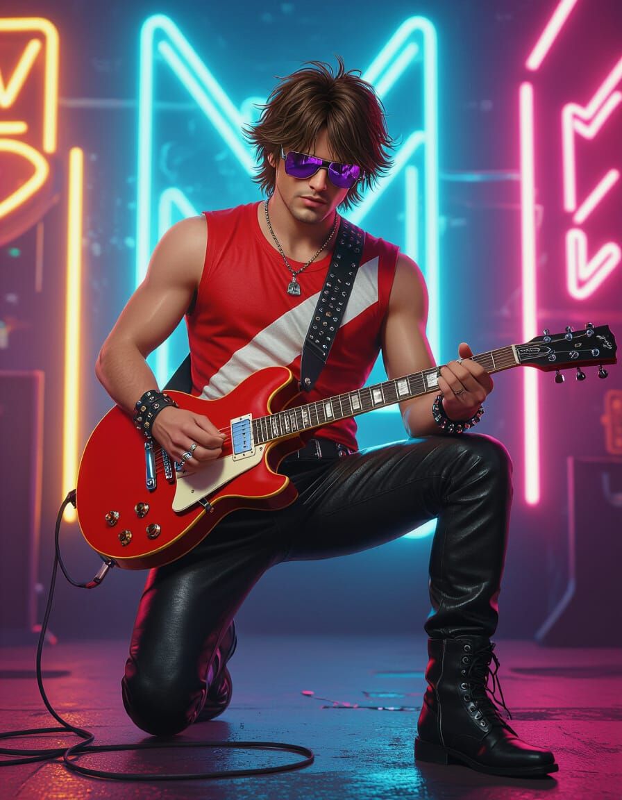 Electric Guitarist in Cyberpunk Style with Neon Lights