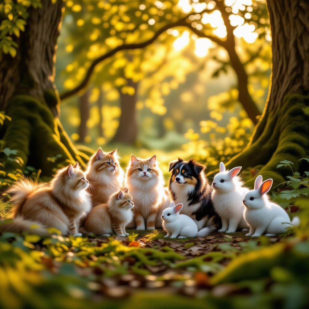 Fluffy Animals in Sunlit Forest Clearing
