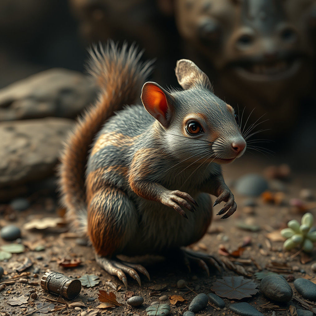 Hybrid Squirrel-Rat Creature in a Fantastical Realm