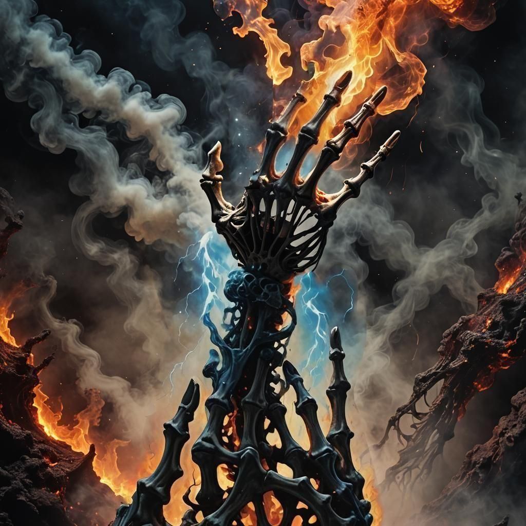 Cosmic Skeleton Hand in Lava and Lightning