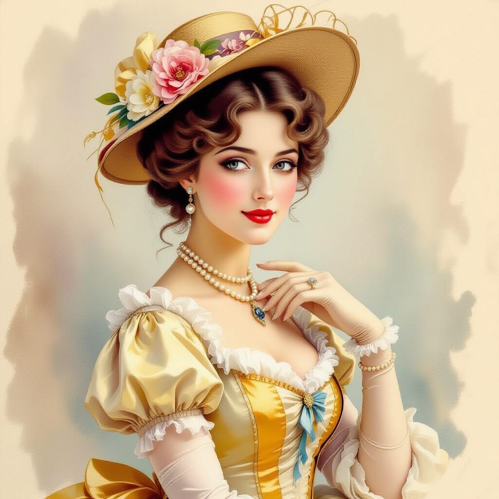 Victorian Lady in Watercolor Style with Brush Strokes