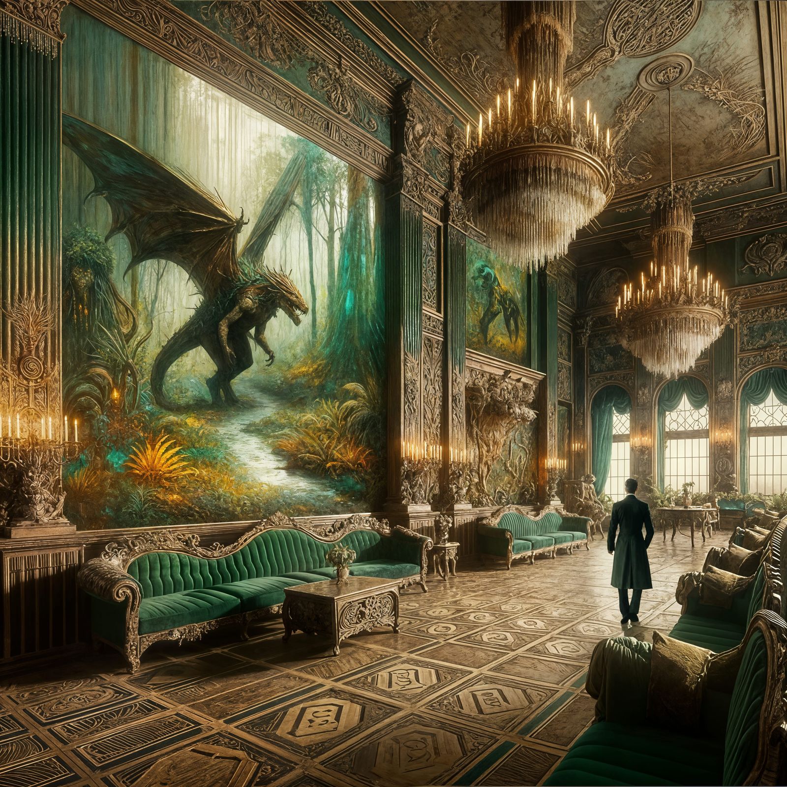 Vampire in Dissolving Ballroom: A Surreal Oil Painting