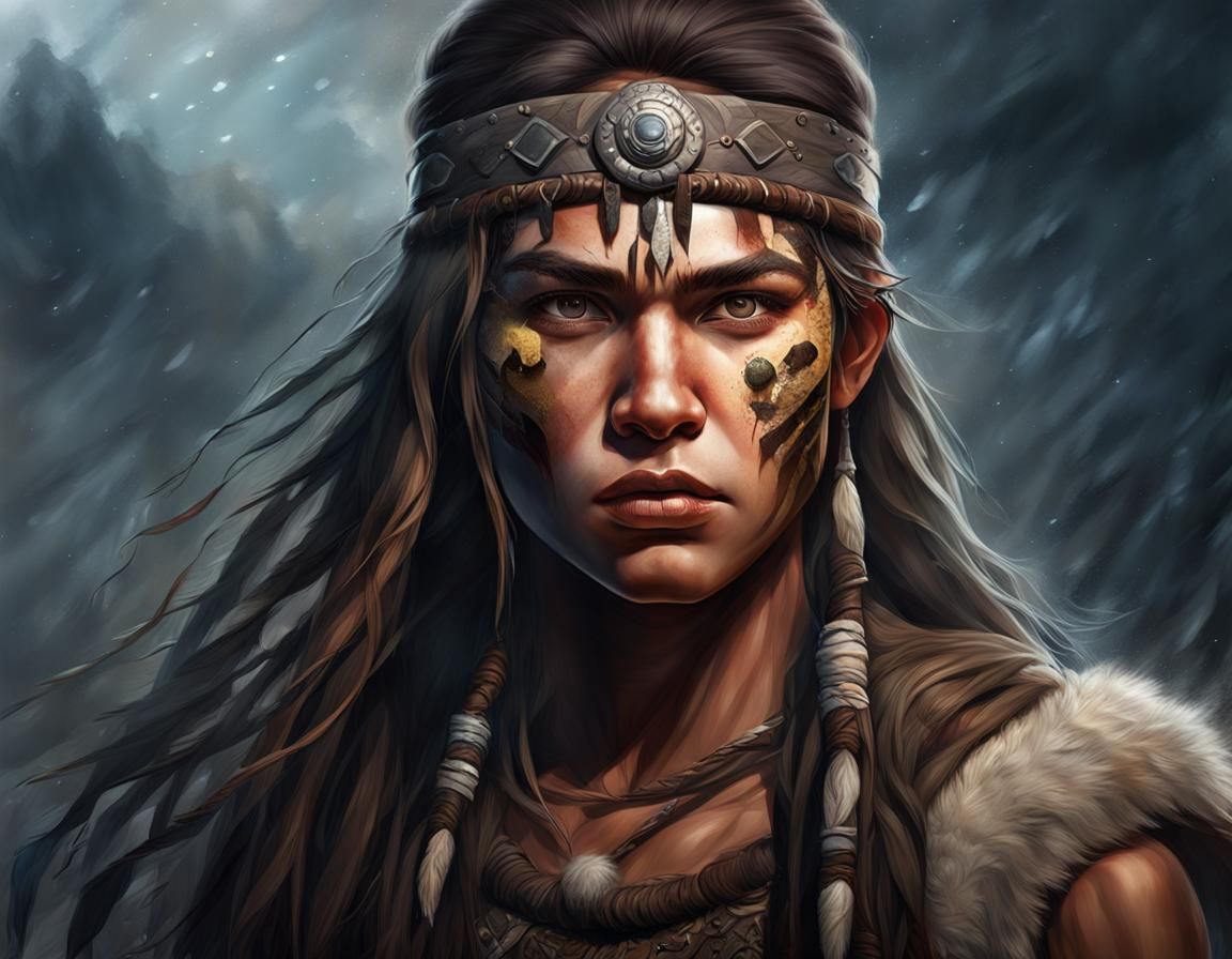 Barbarian Warrior Girl Portrait in Taiga Landscape