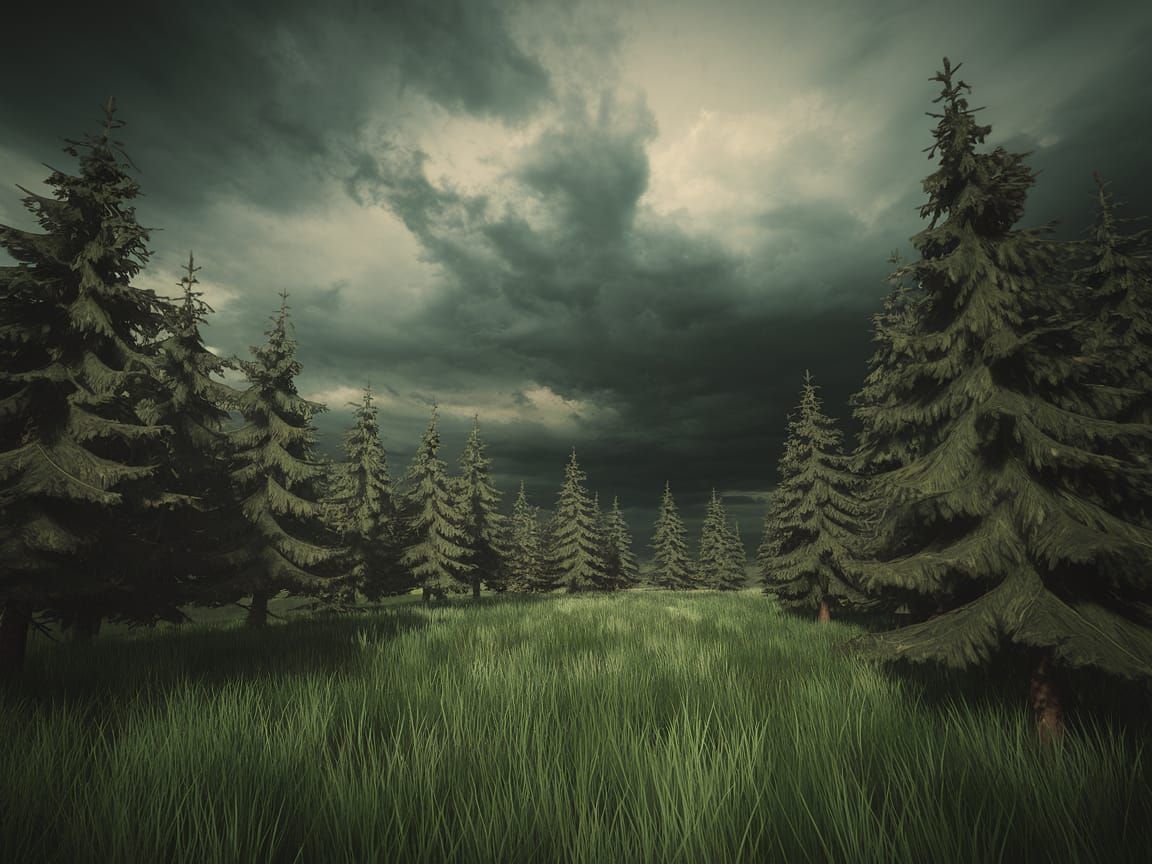 Dramatic Forest Clearing Under Stormy Sky