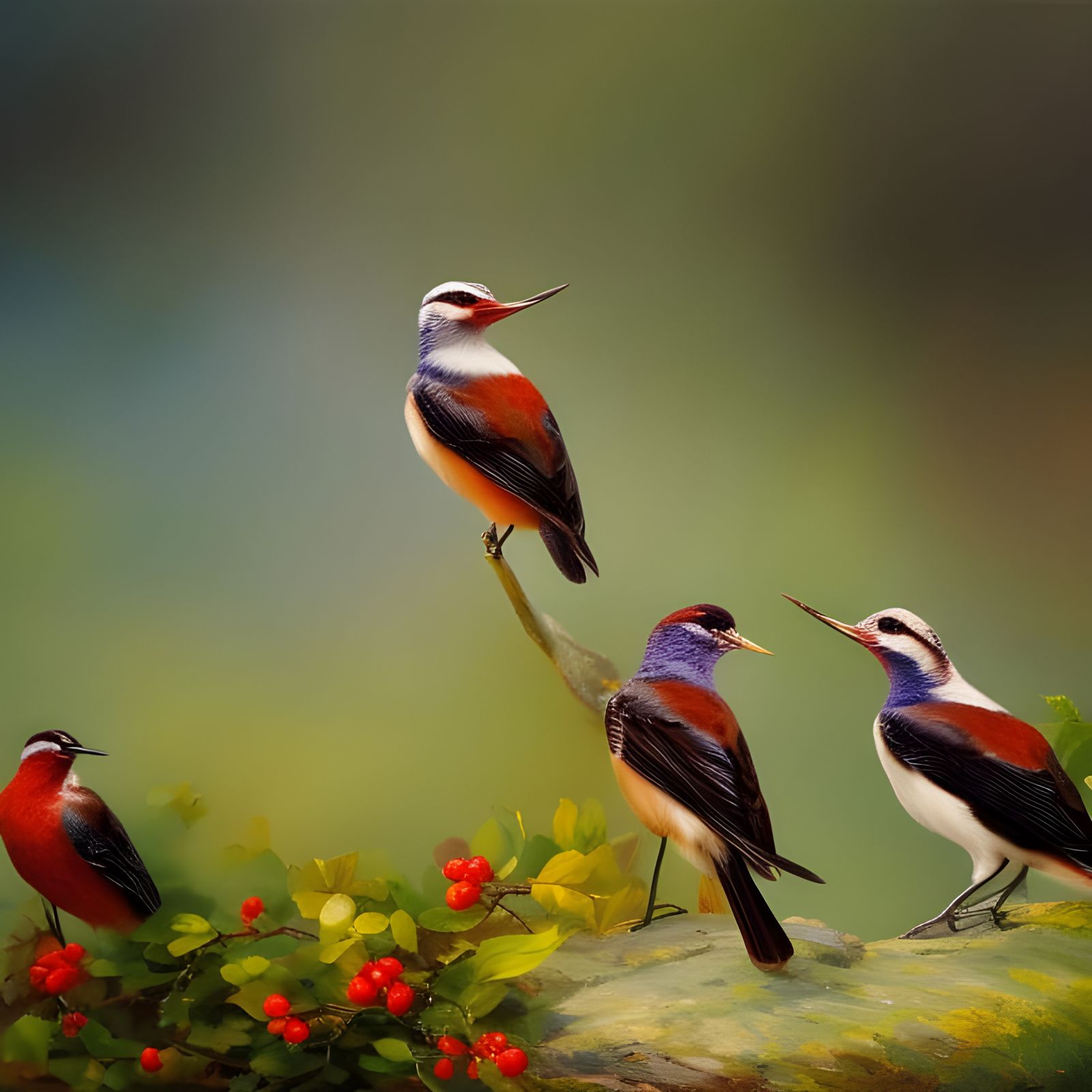 Birds Eating Raspberries: Oil Painting Masterpiece