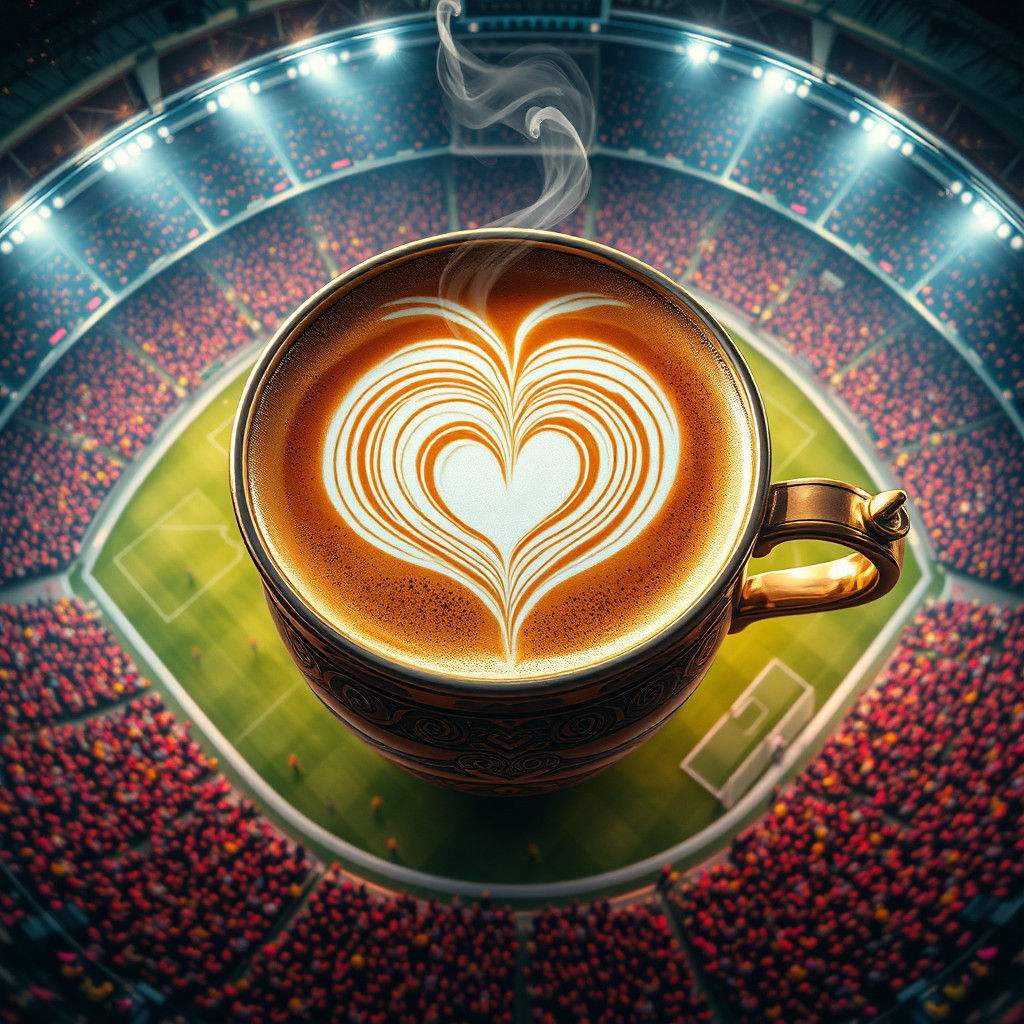 Bird's eye view of a Gigantic cup of hot creamy latte with a...