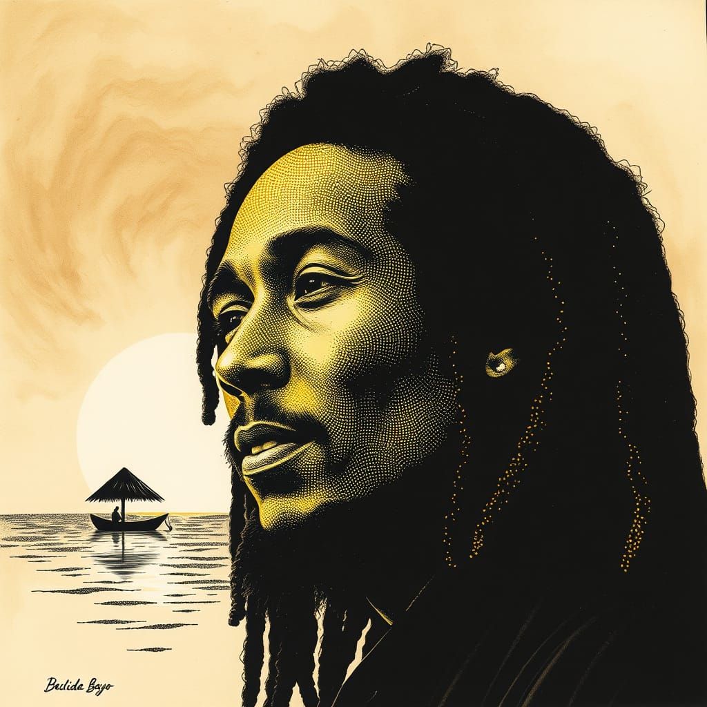 Bob Marley Portrait in Sepia Stippling Style