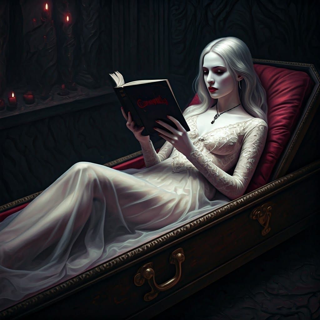 Vampire Woman Reading in Coffin, Dark Fantasy Art