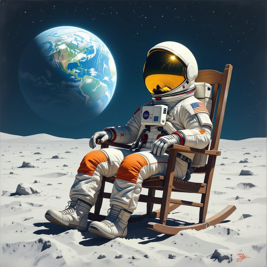 Astronaut in Rocking Chair on Lunar Surface
