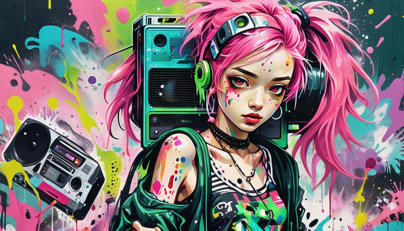 Vaporwave Street Art Portrait with Boombox