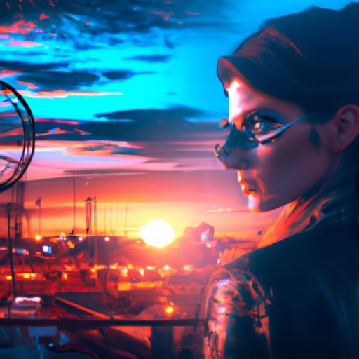 Cybernetic Girl Gazes at Steampunk Sunset