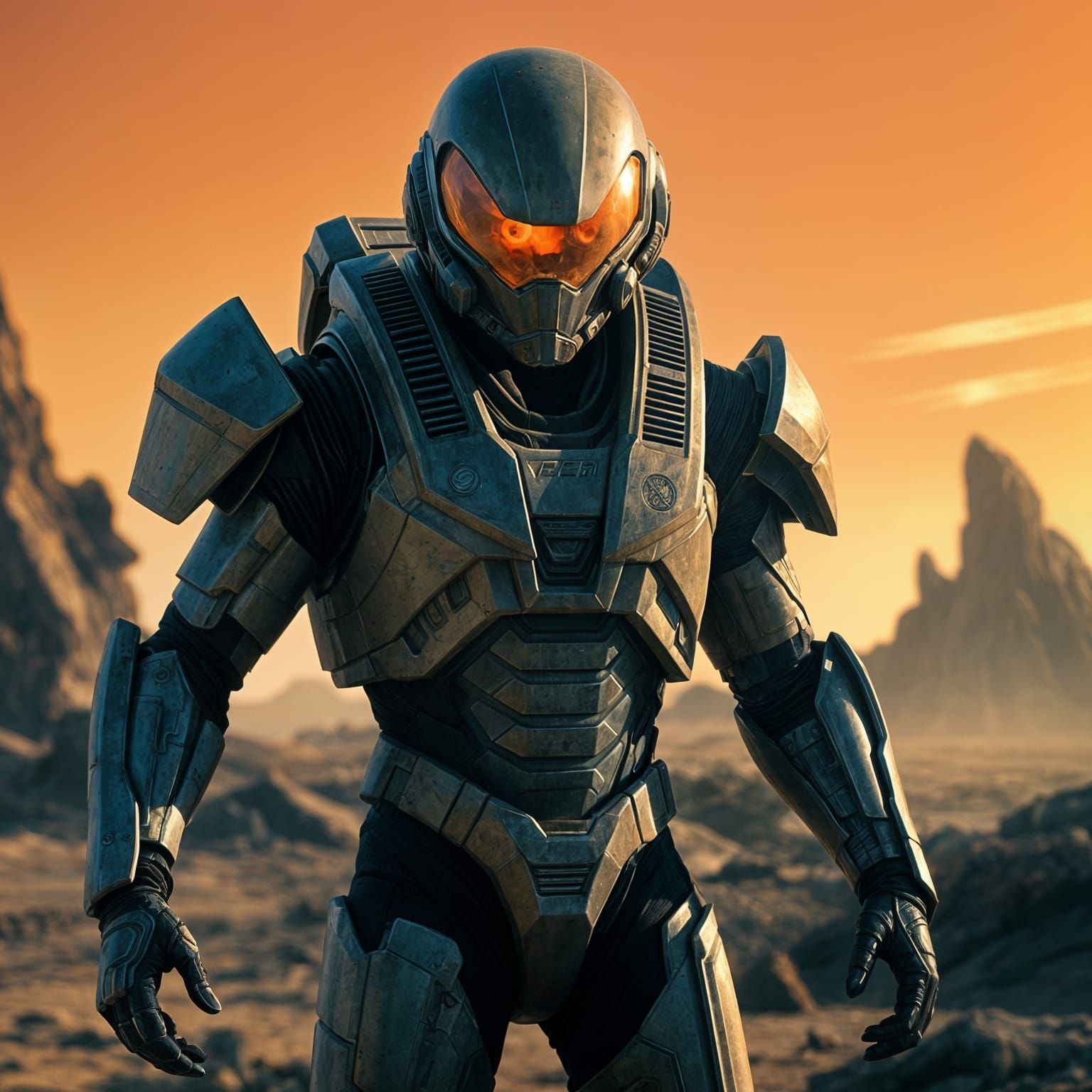 Heroic Alien Warrior in Futuristic Armor on a Desolate Plane...