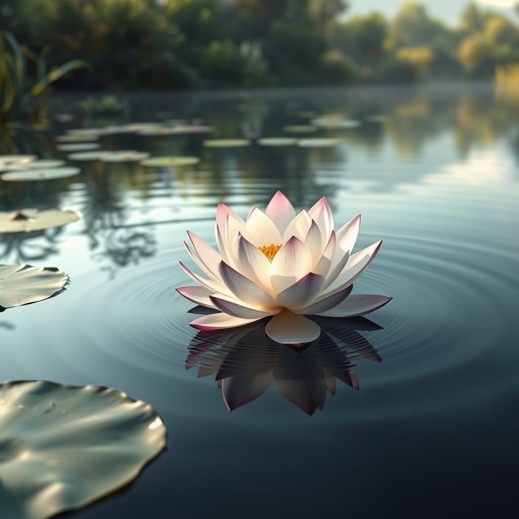 Ethereal Lotus Blooms in Ancient Lake Scene