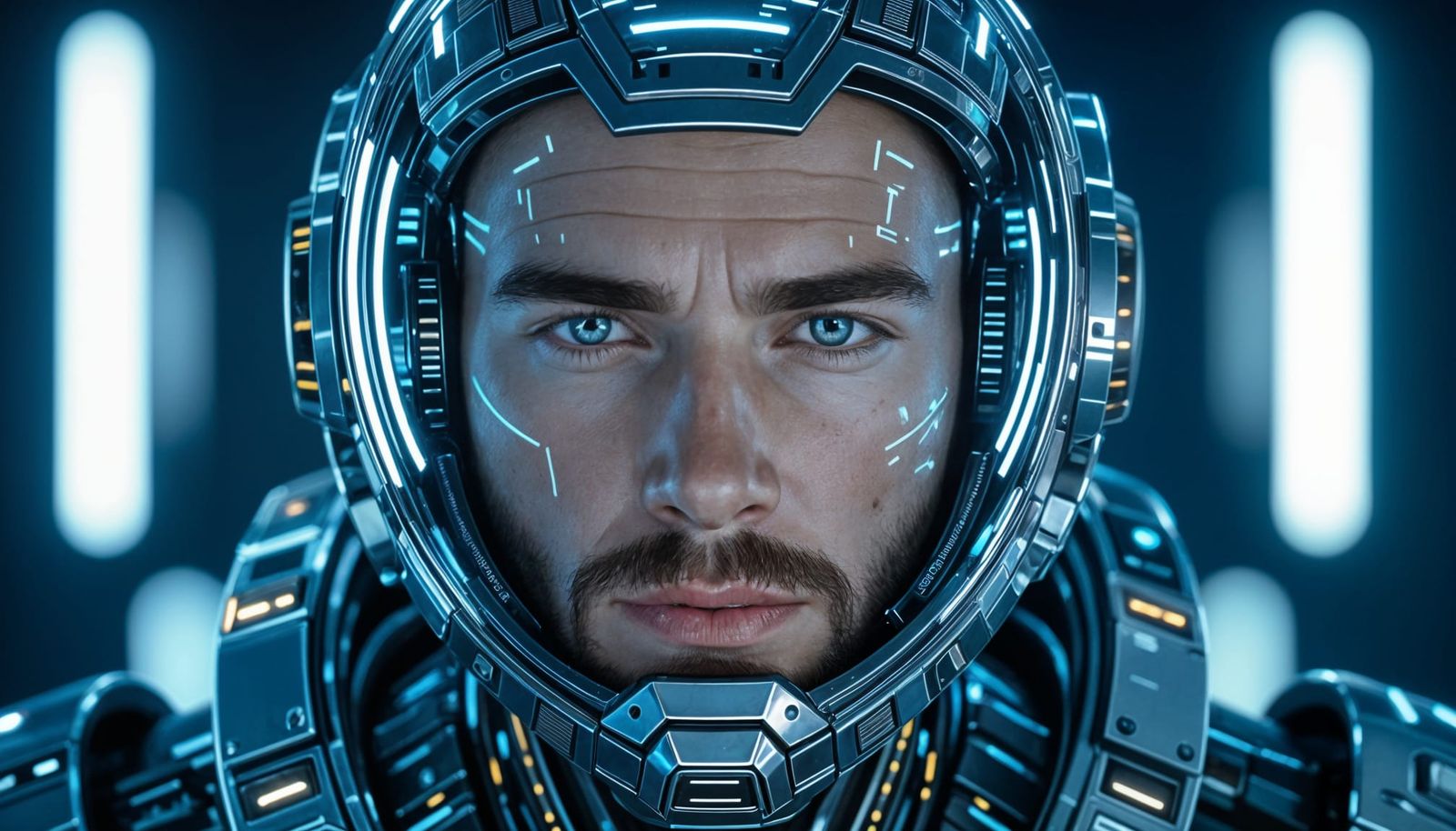 Futuristic Cyborg Man with Advanced Tech Enhancements