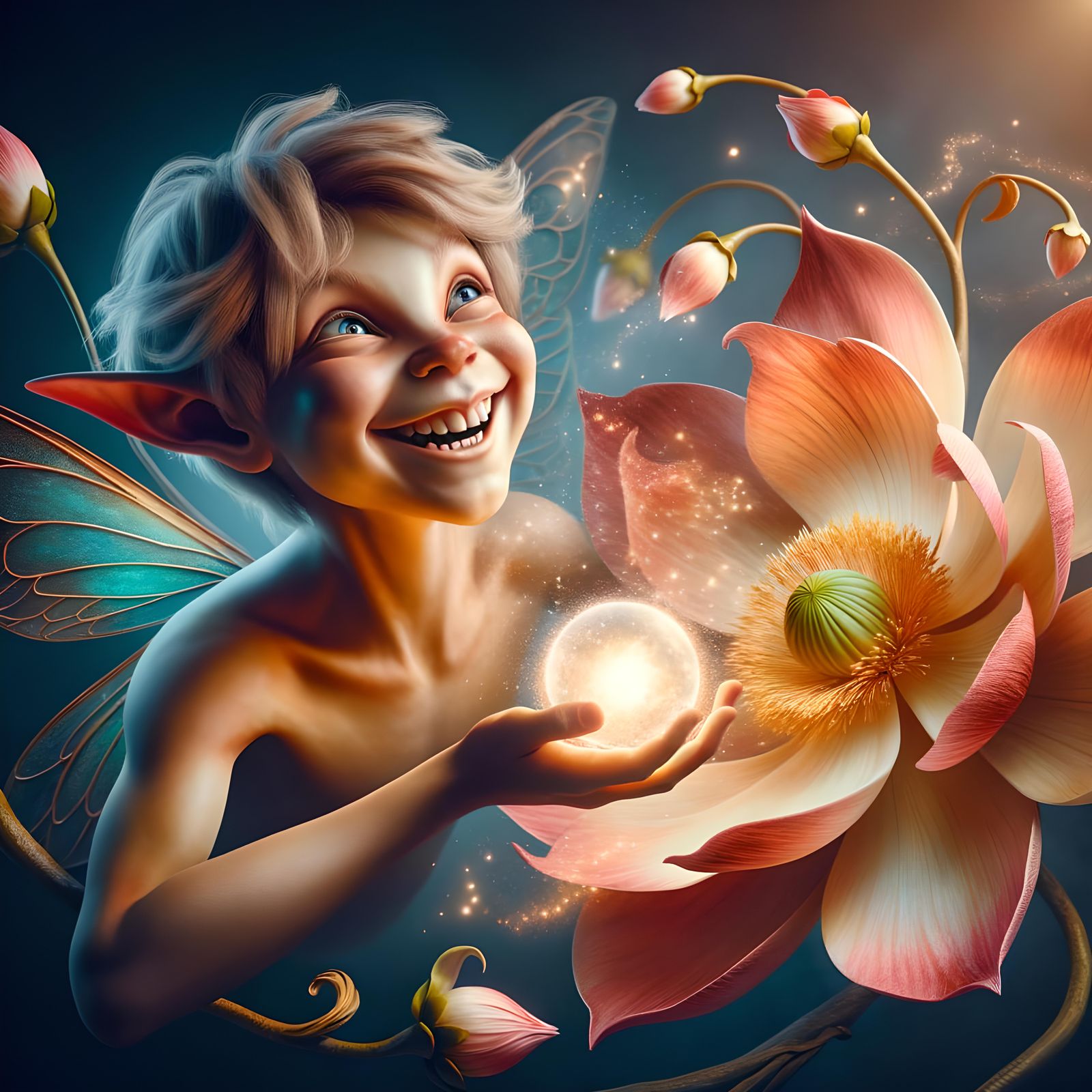 A mischievous pixie holding a glowing orb merges with a blos...