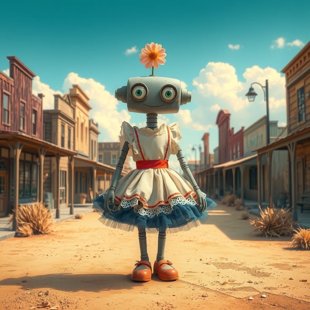 Whimsical Robot in Victorian Dress Stands in Old West Main S...