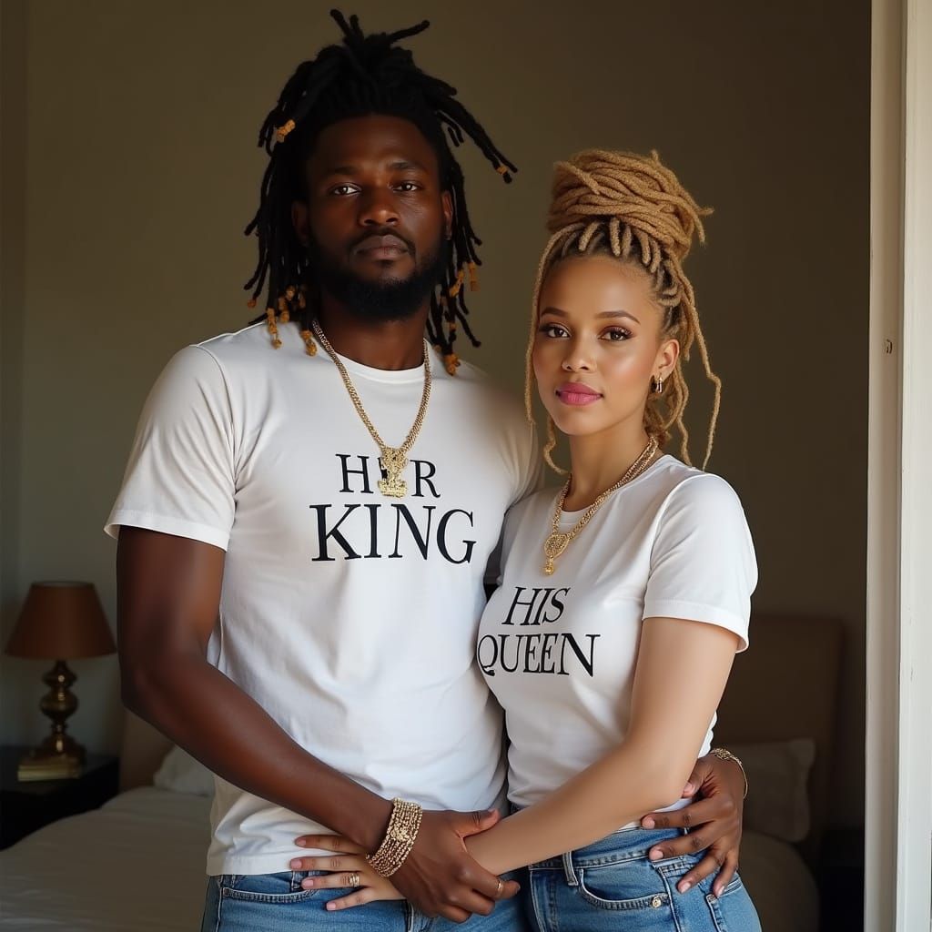 Nigerian Couple Embrace in Bedroom, Photorealistic Style