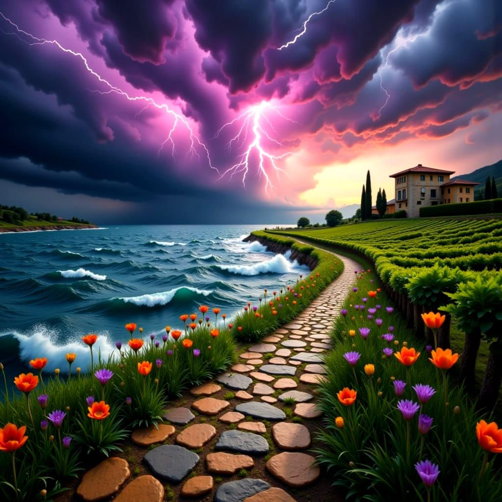 Surreal Stormy Tuscan Landscape in Hyperrealistic Style