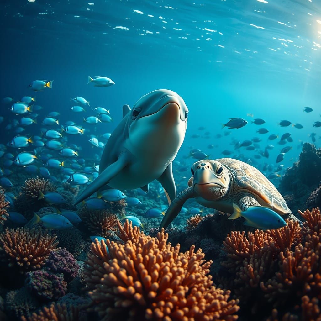 Underwater Scene with Dolphin, Turtle and Coral