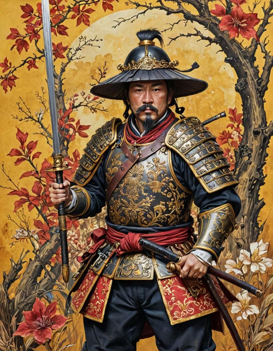 Surreal Sunset Samurai Amidst Moorland Landscape