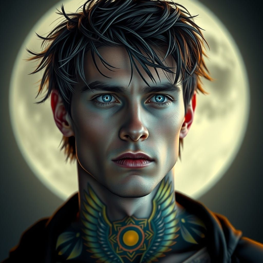 Moonlit Visionary with Angular Features and Tribal Tattoos