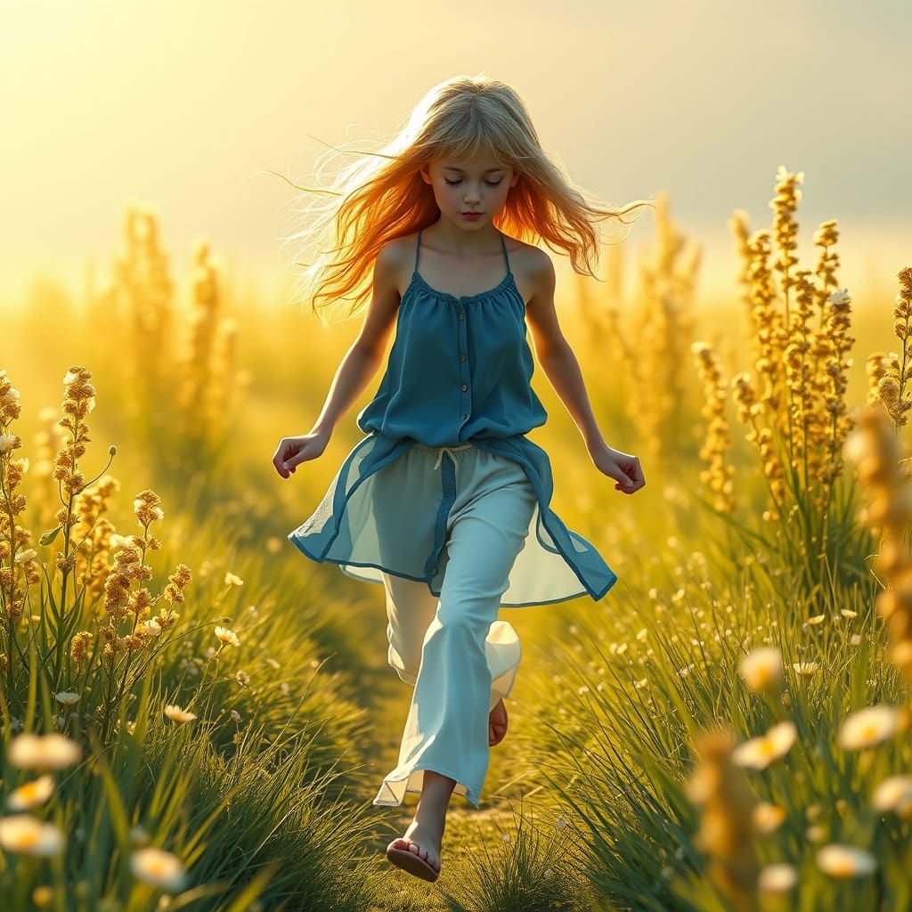 Golden Girl Running Through Vibrant Sunflower Field