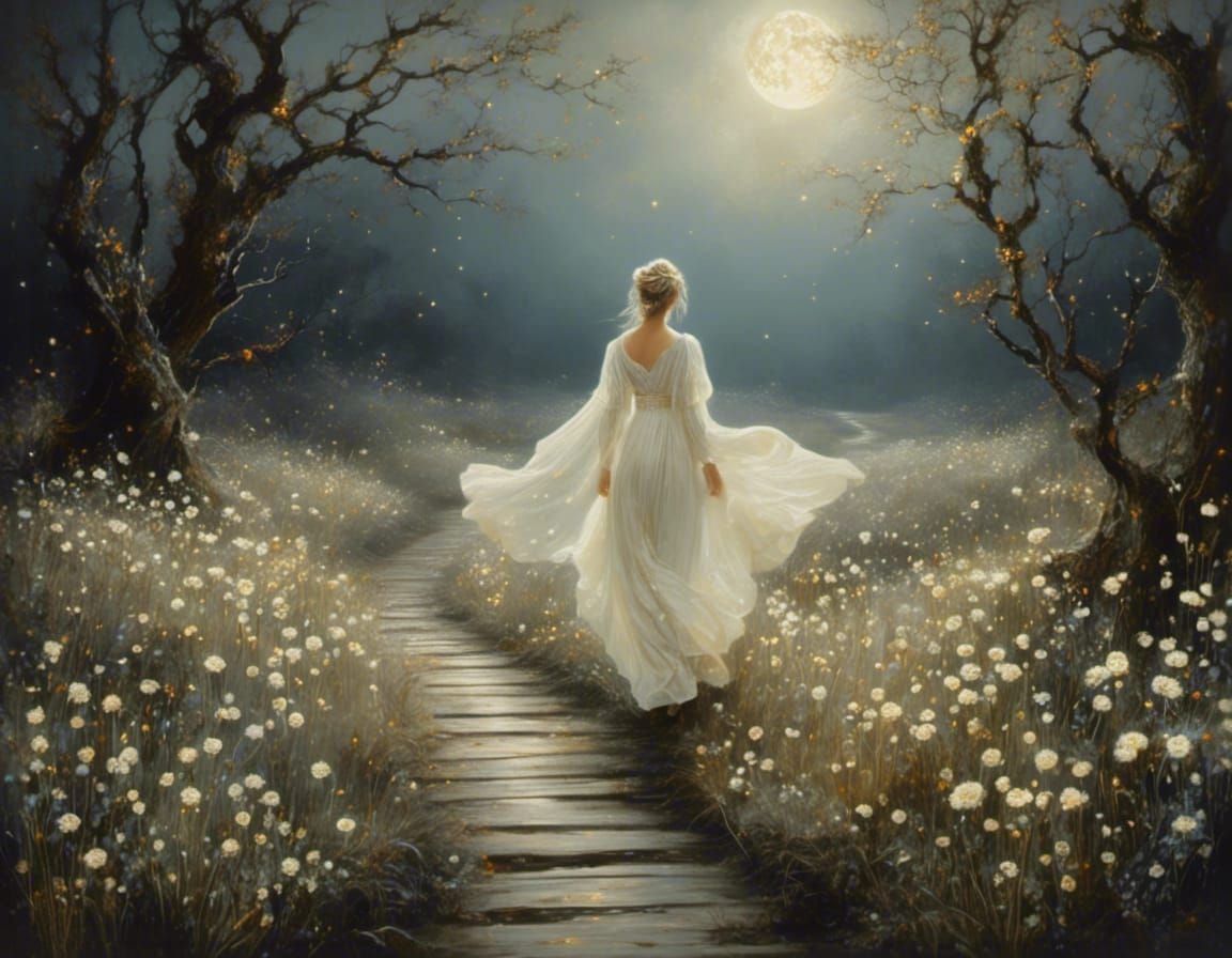 Ethereal Peasant Woman on Moonlit Path, Oil Painting
