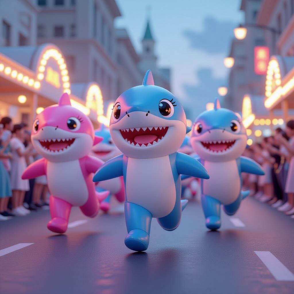 3D Anime Sharks Marching in Vibrant Parade