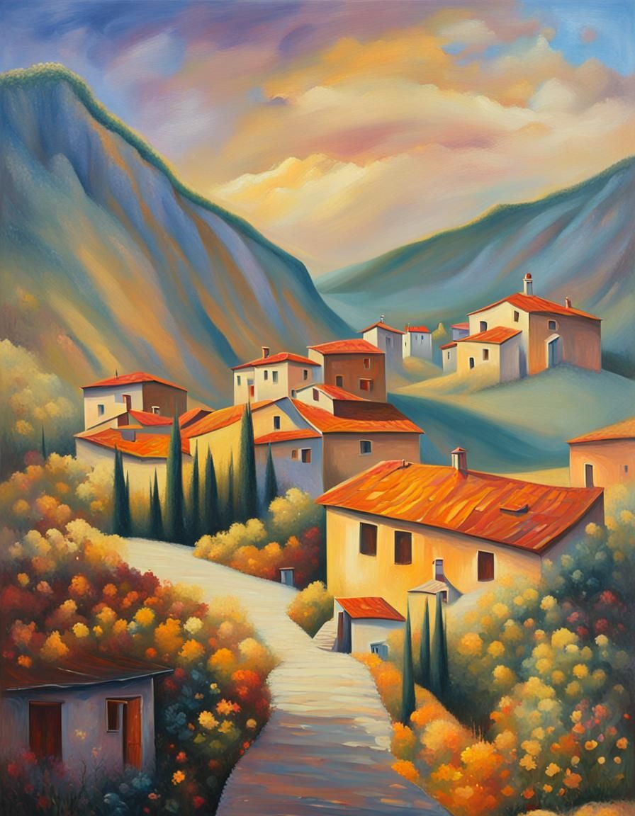 Dreamlike Italian Mountain Village in Vibrant, Swirling Colo...