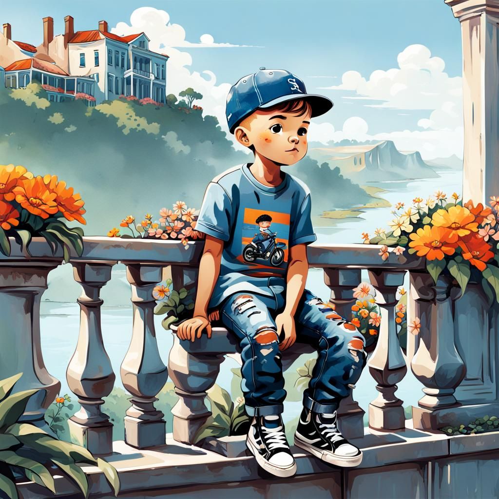 little boy seated on a balustrade, with a southern backdrop....