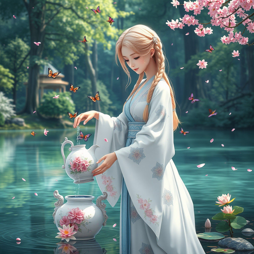 Serene Lady Pouring Water in Forest: 3D Anime Art