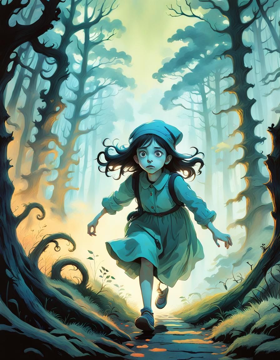 Eerie Forest: Gouache-Style Girl in Ghostly Woods