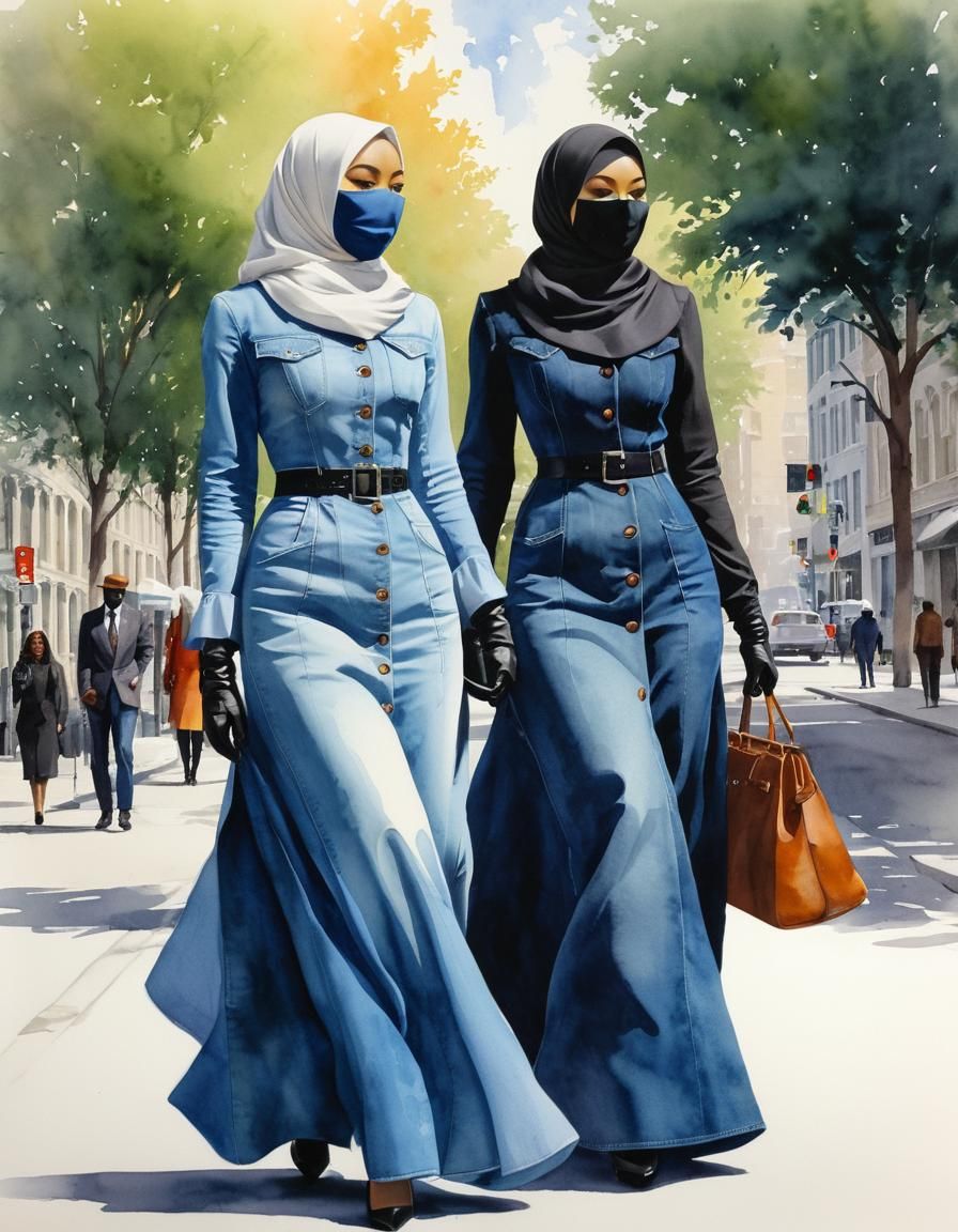 Two Hijabi Women in a Modern City, Watercolor Style