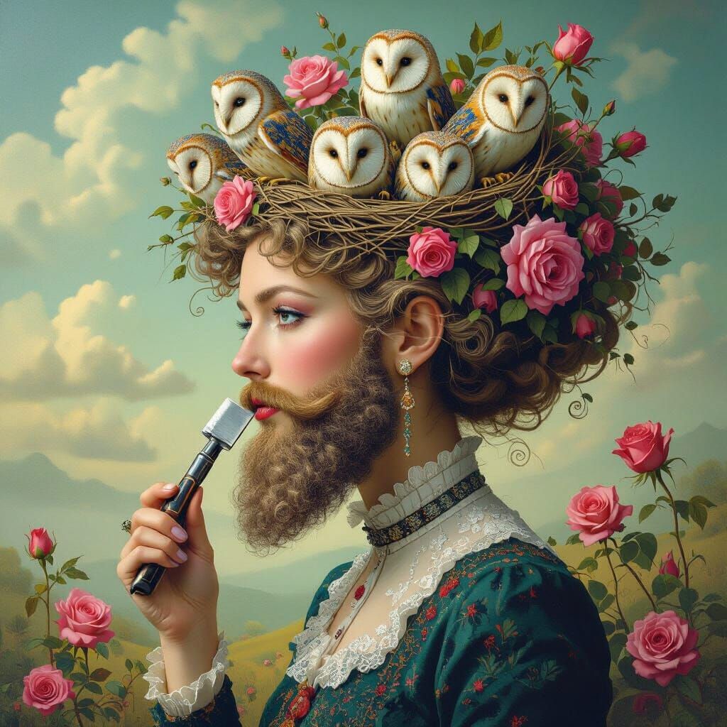 Surreal Woman Shaving Bird Beard with Razor