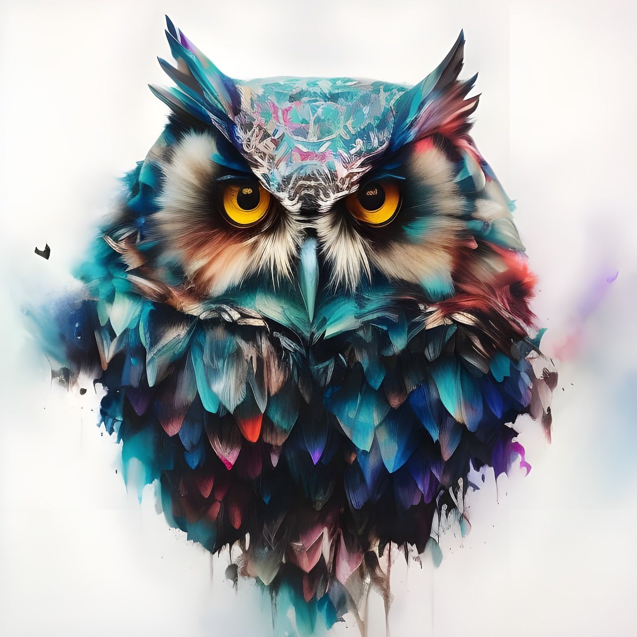 Colorful Ink Splash: Frozen Owl Portrait in Oil