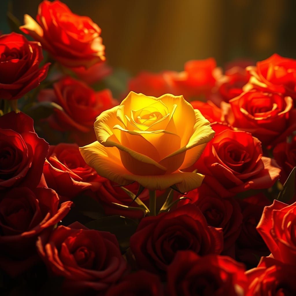 Majestic Yellow Rose Blooms in a Tapestry of Red Roses