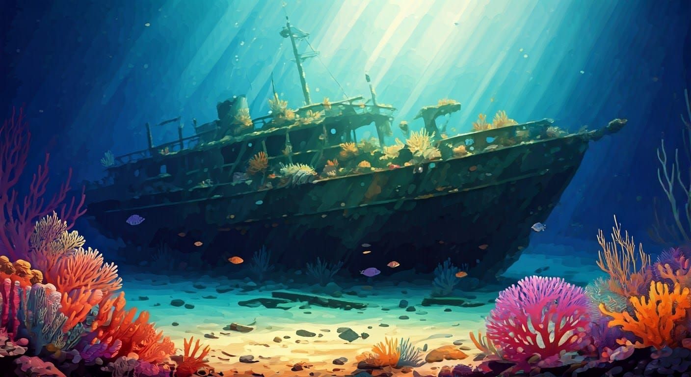 Sunken Ship with Coral, Watercolor Painting