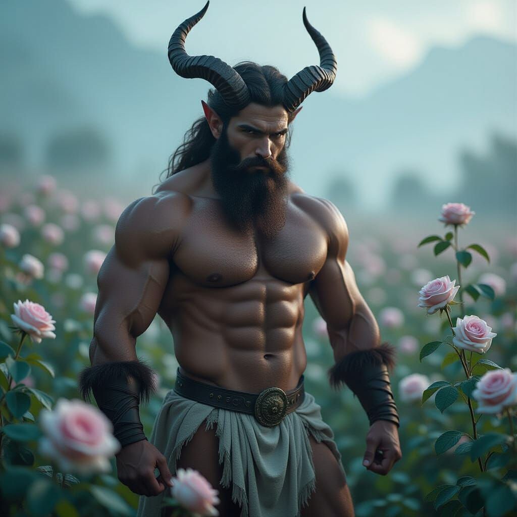 Muscular Satyr with Icy Roses in Cinematic Lighting