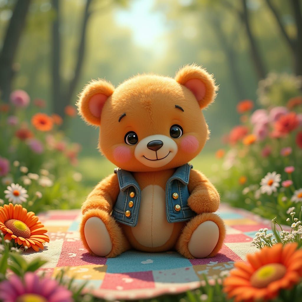 Whimsical Teddy Bear Enjoying a Picnic on a Vibrant Patchwor...