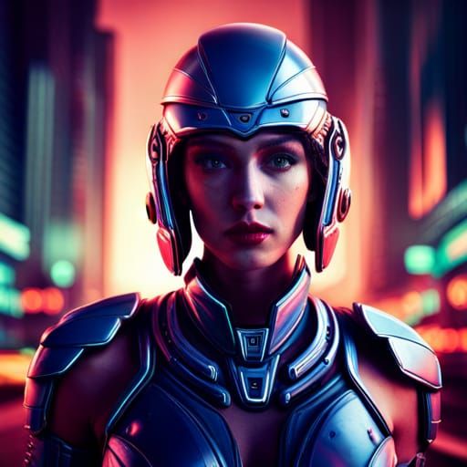 Cyborg Girl Portrait in Neon City, Digital Art
