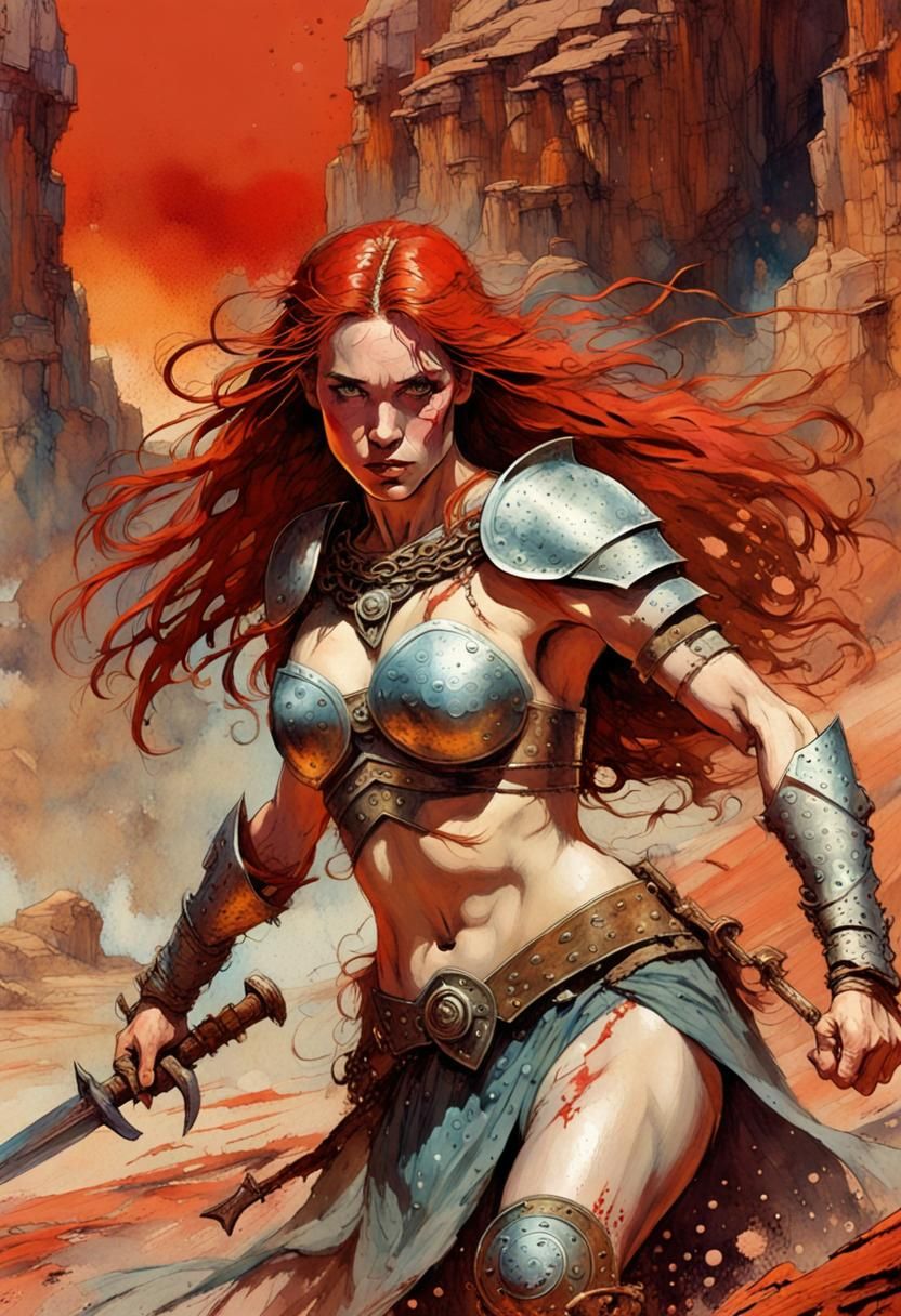 Red Sonja lady warrior with long flowing red hair, action po...