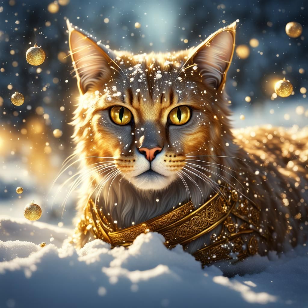 Golden Sparkly Cat in Snow: Detailed Matte Painting
