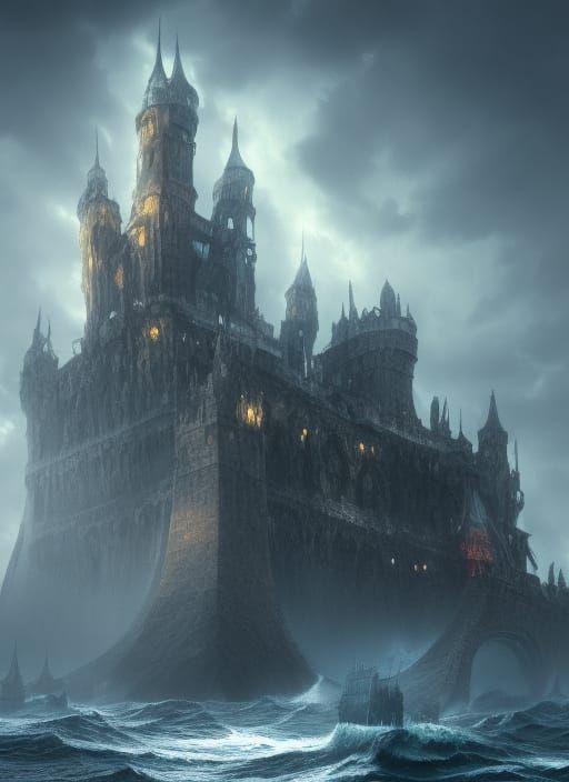 Kraken Attacks Gothic Castle in Dark Sea