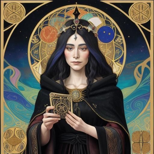 Klimt-Inspired Witch Reading Tarot Cards