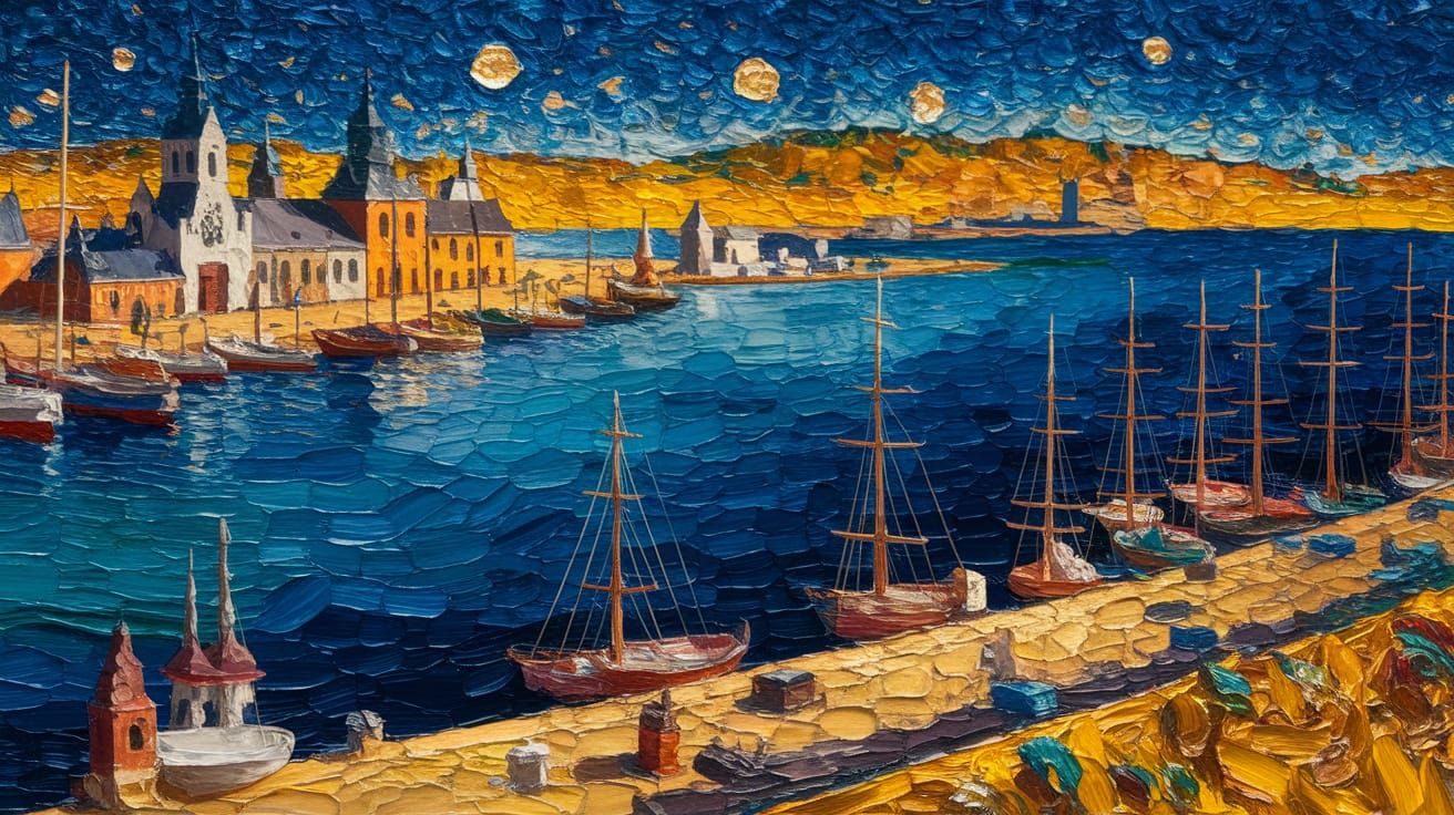 Kafkaesque Autumn Harbor Scene in Oil Painting