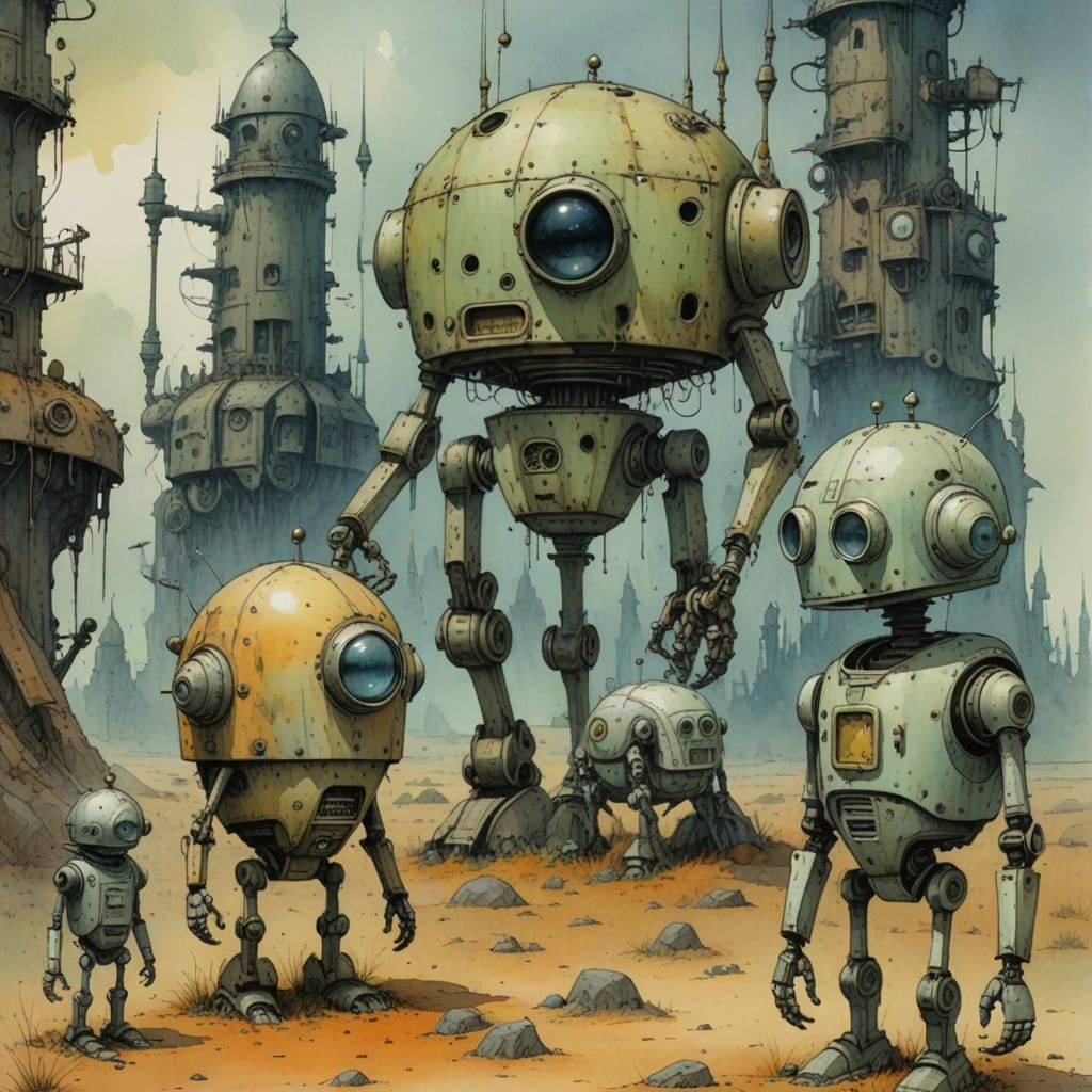 Mysterious Robot Visitors in a Dreamlike Watercolour Landsca...