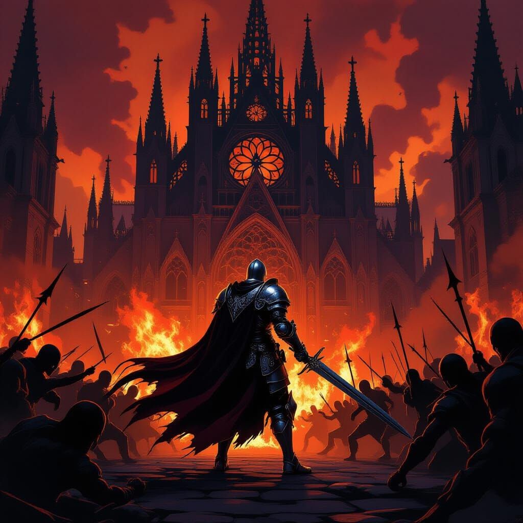 Knight Battling Demons in Burning Cathedral