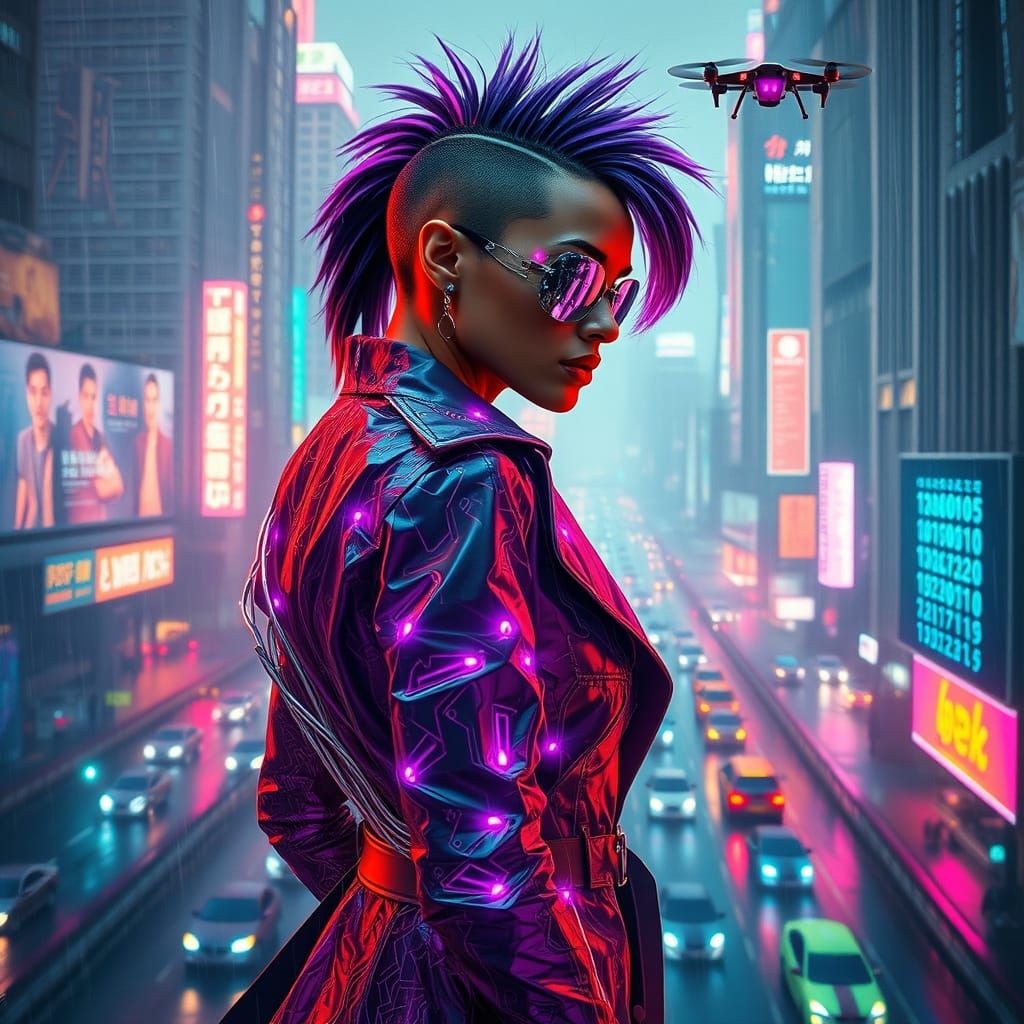 Cyberpunk Goddess of the Rain-Soaked Megacity